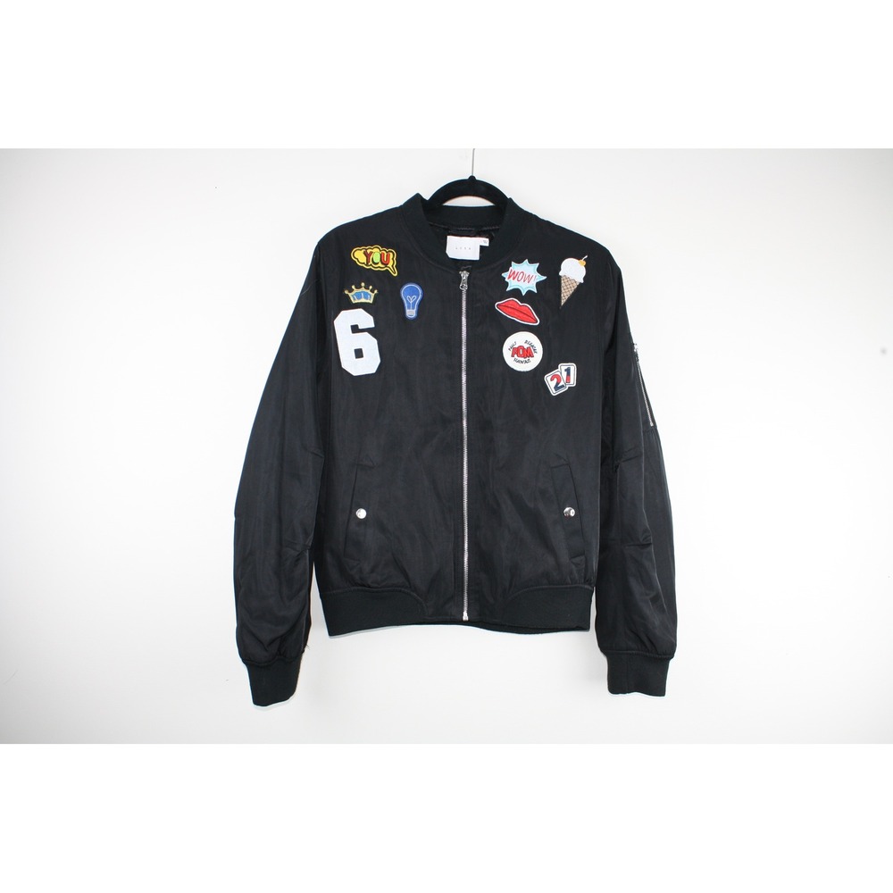 Lush Black Bomber Jacket with Multi Color Graphic Patches Womens L Streetwear